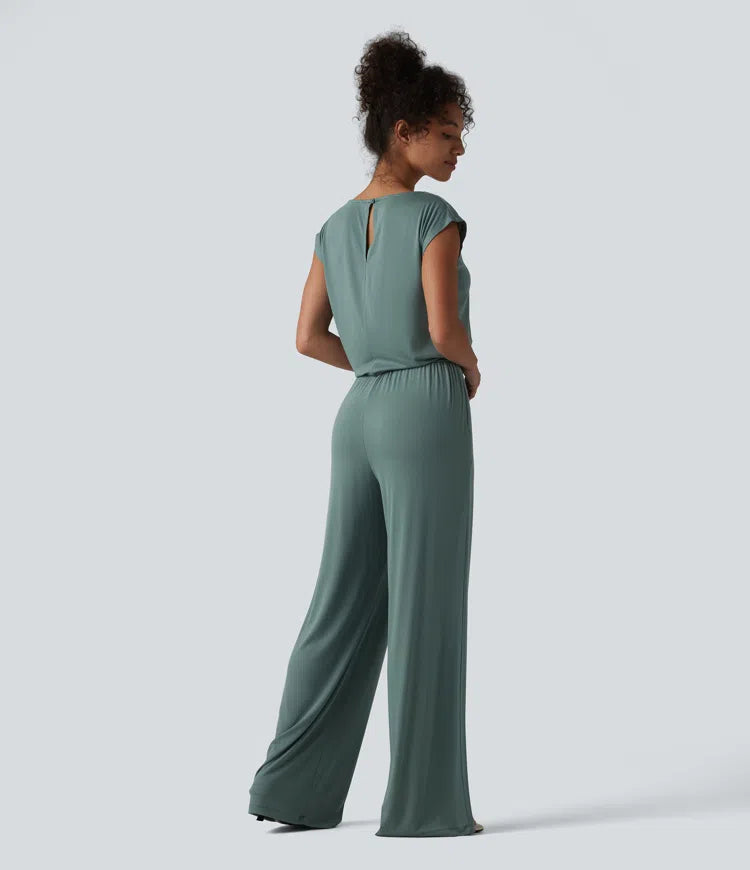 V-neck Sleeveless Drawstring Casual Jumpsuit with Pockets-Easy Peezy