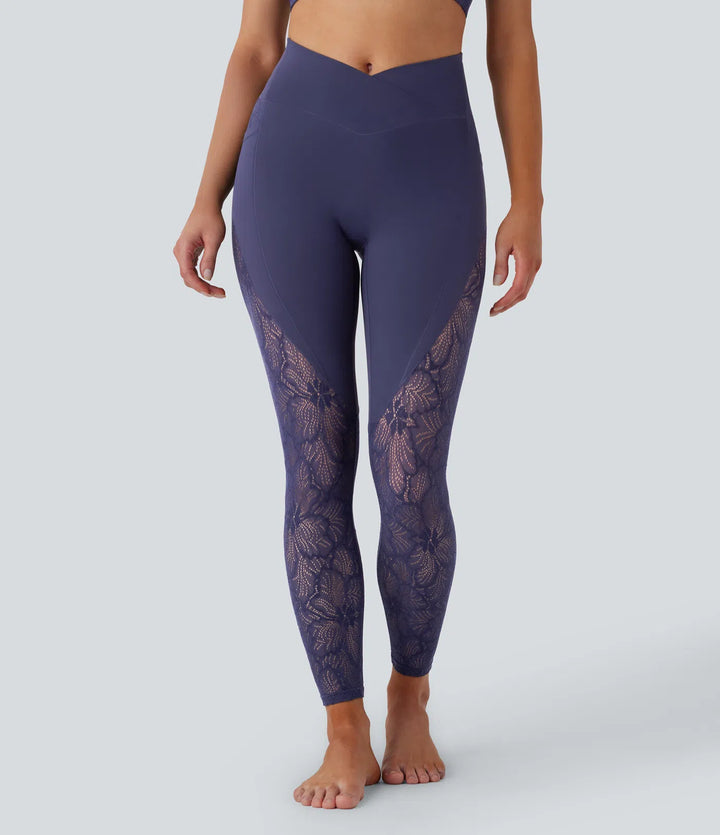 SoftlyZero High Waisted Crossover Pocket Contrast Lace 7/8 Yoga Leggings