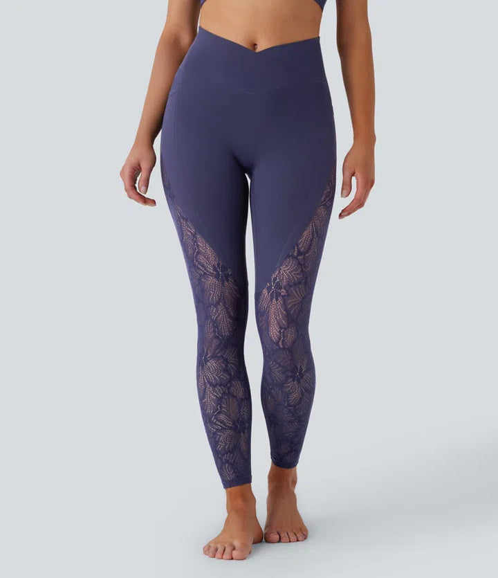 SoftlyZero High Waisted Crossover Pocket Contrast Lace 7/8 Yoga Leggings