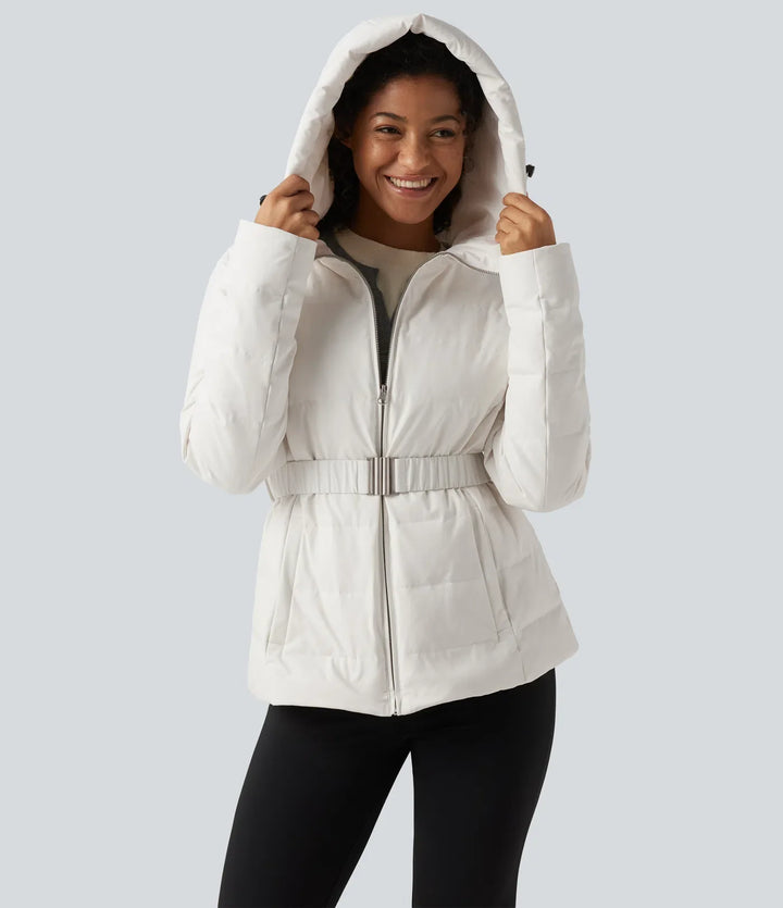 Hooded Long Sleeve Belted Work Down Jacket with Pockets