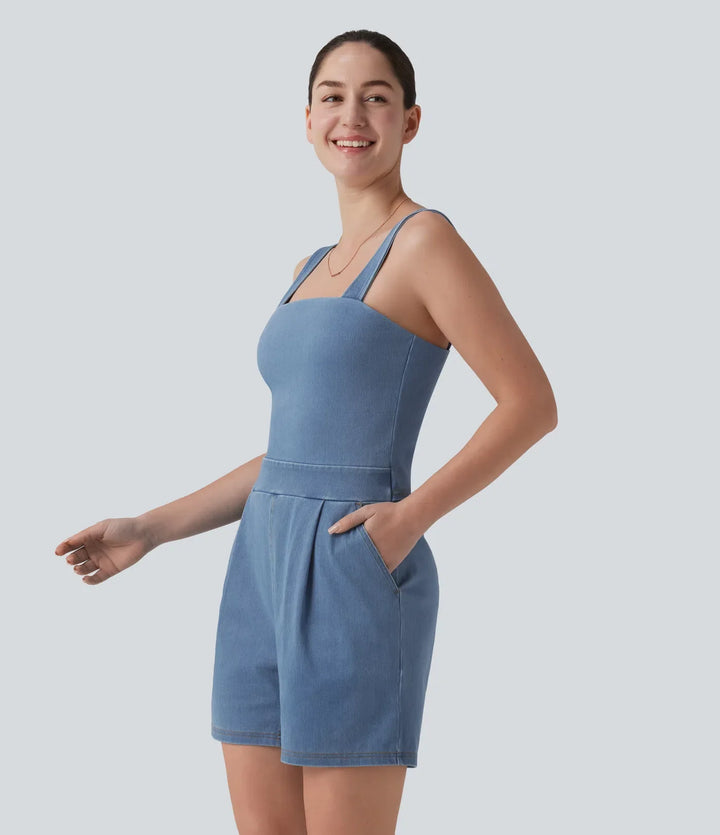 Halara Flex Denim Square Neck Sleeveless Casual Romper with Pockets-Easy Peezy