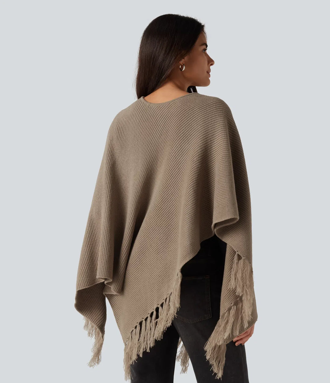 Boat Neck Fringe Poncho Cape Casual Jumper