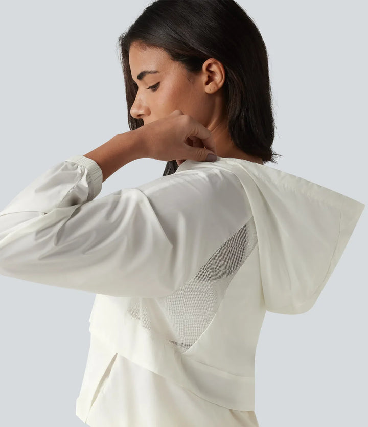 Hooded Long Sleeve Contrast Mesh Running Jacket with Pockets-UPF50+