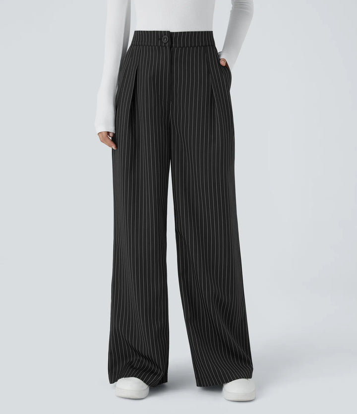 High Waisted Zipper Pocket Wide Leg Striped Work Trousers