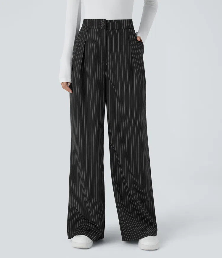 High Waisted Zipper Pocket Wide Leg Striped Work Trousers