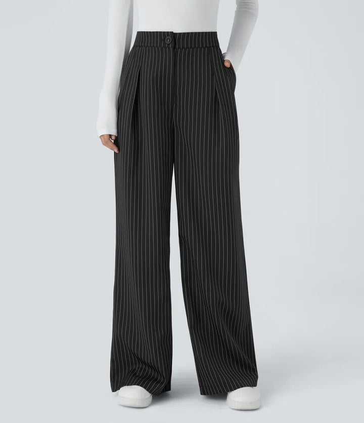 High Waisted Zipper Pocket Wide Leg Striped Work Trousers