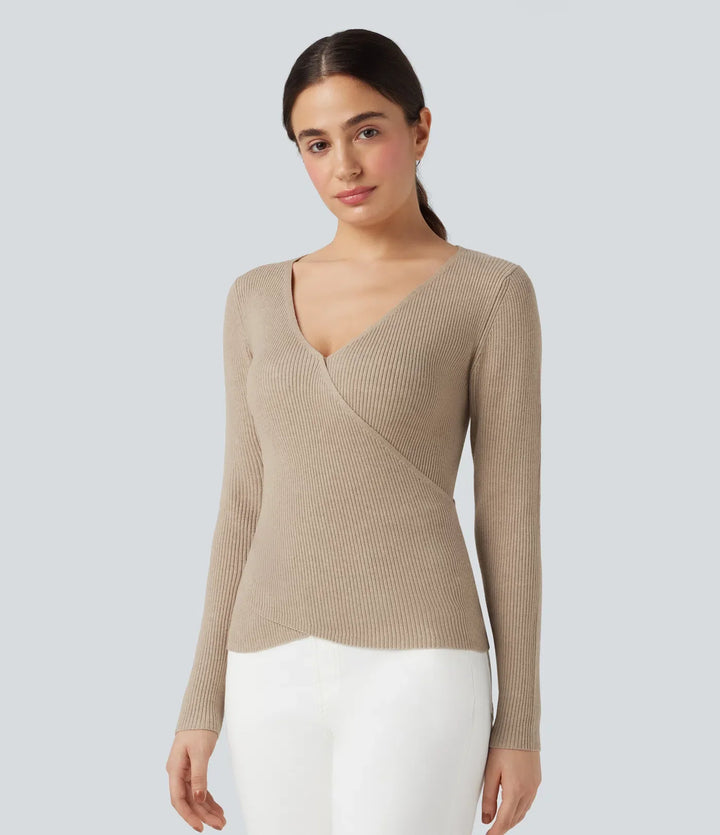 V-neck Long Sleeve Crossover Slim Work Jumper