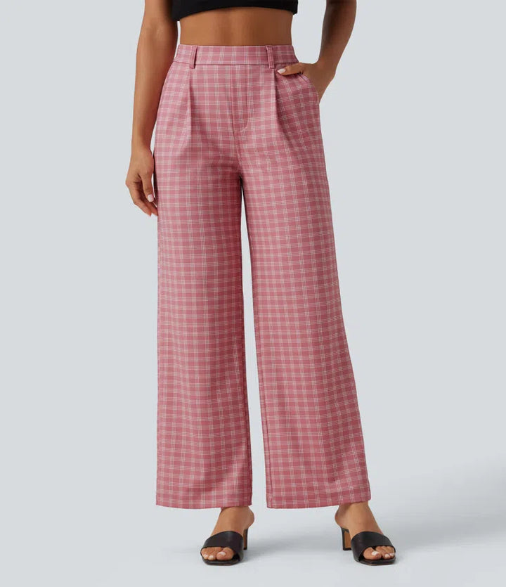 Halara Flex High Waisted Straight Leg Plaid Work Trousers with Pockets