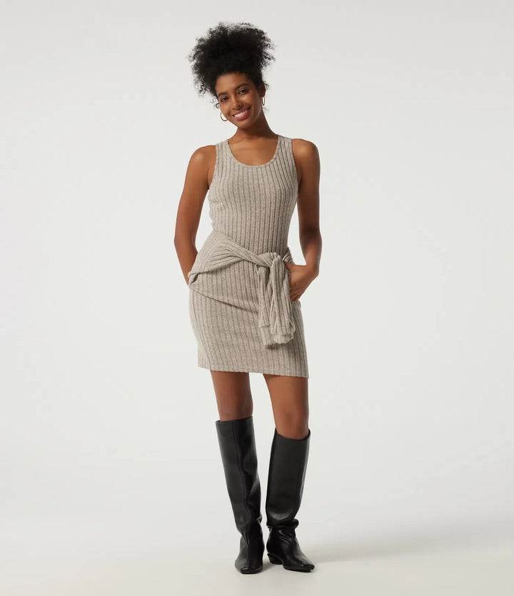 Ribbed Knit Round Neck Long Sleeve 2-Piece Bodycon Mini Casual Dress