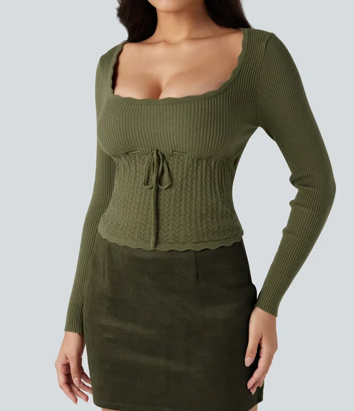 U-Neck Long Sleeve Scallop Trim Casual Jumper