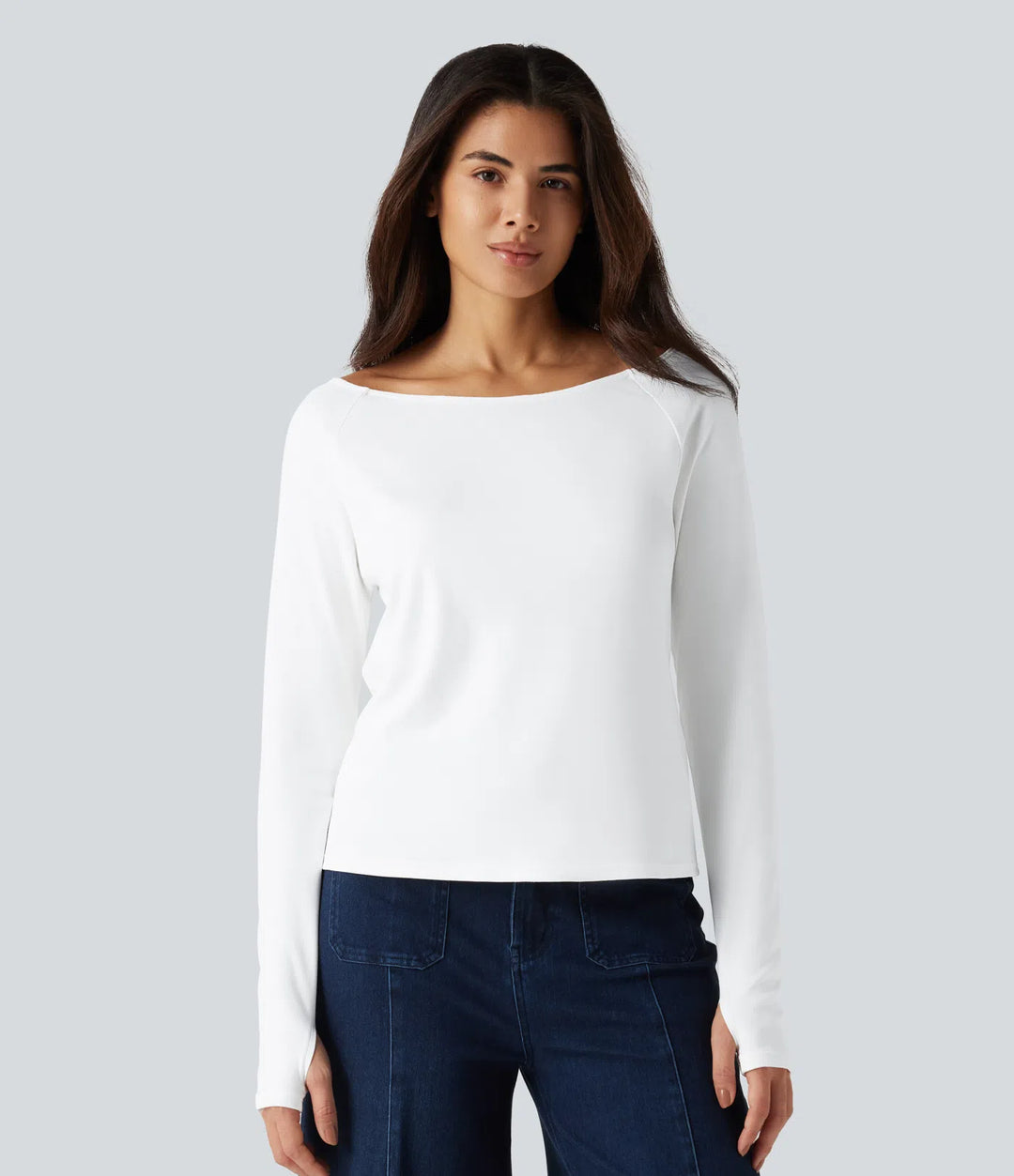 Boat Neck Long Sleeve Thumb Hole Casual Pima Cotton T-Shirt