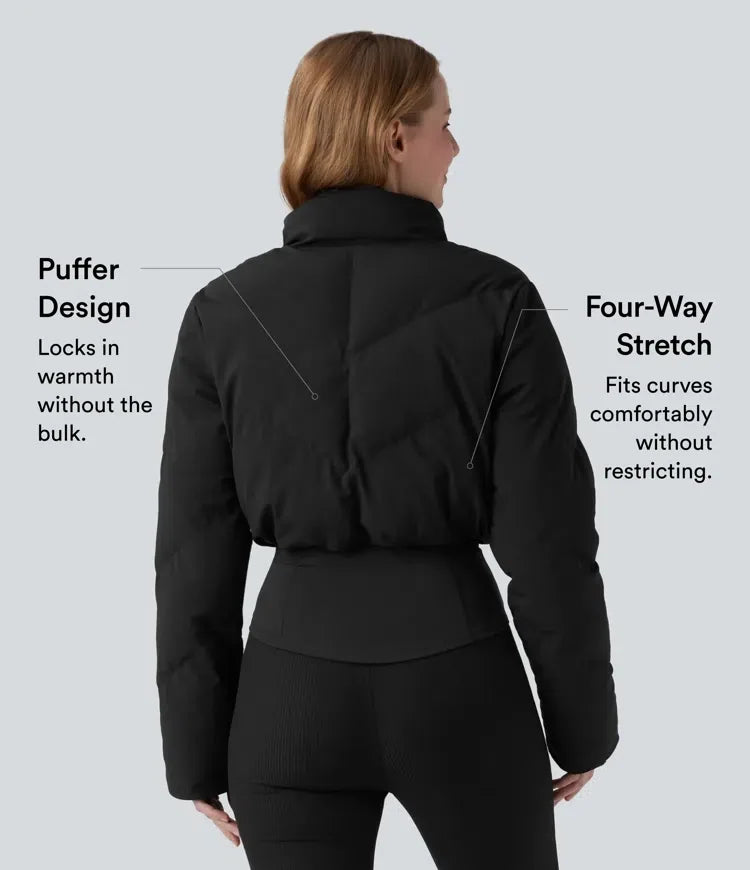 PuffFlex 3-in-1 Stand Collar Casual Cropped Puffer Coat &amp; Thumb Holes Curved Hem Jacket with Pocket