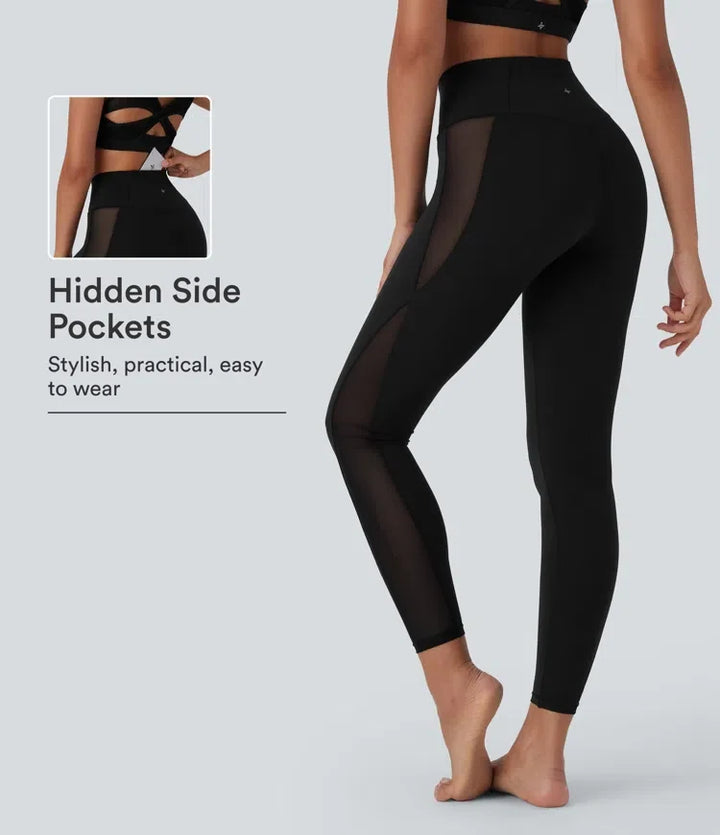 SoftlyZero Crossover High Waisted Contrast Mesh Yoga Leggings with Pocket