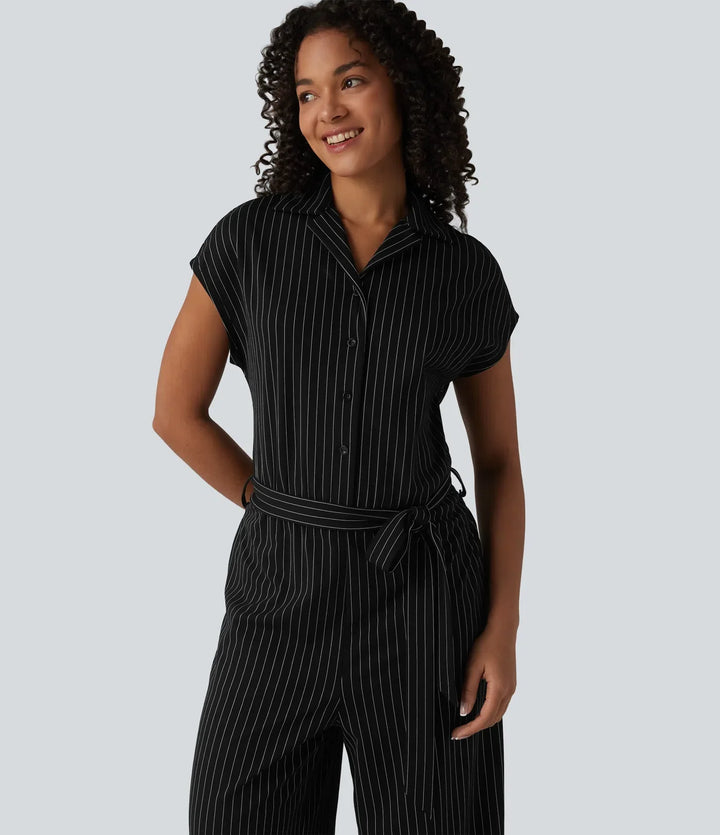 Short Sleeve Belted Stripe InstantCool Work Shirt Jumpsuit with Pockets-Easy Peezy Edition