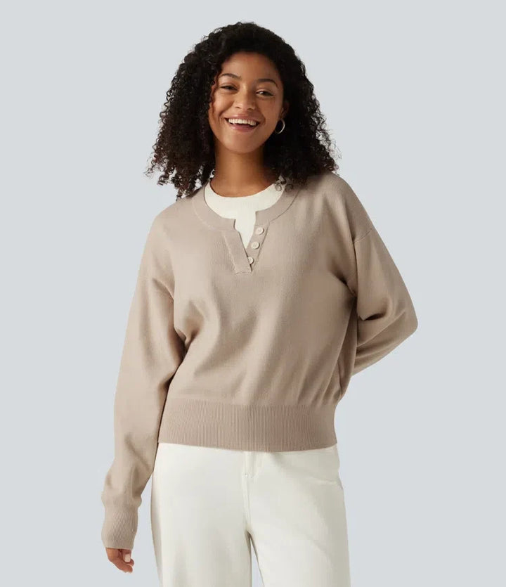 Round Neck Dropped Long Sleeve Color Block Work Jumper