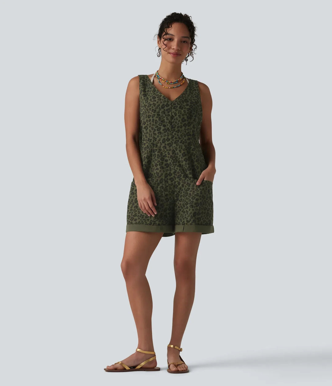 Adjustable Straps Rolled Hem Leopard Print Casual Short Overall with Pockets