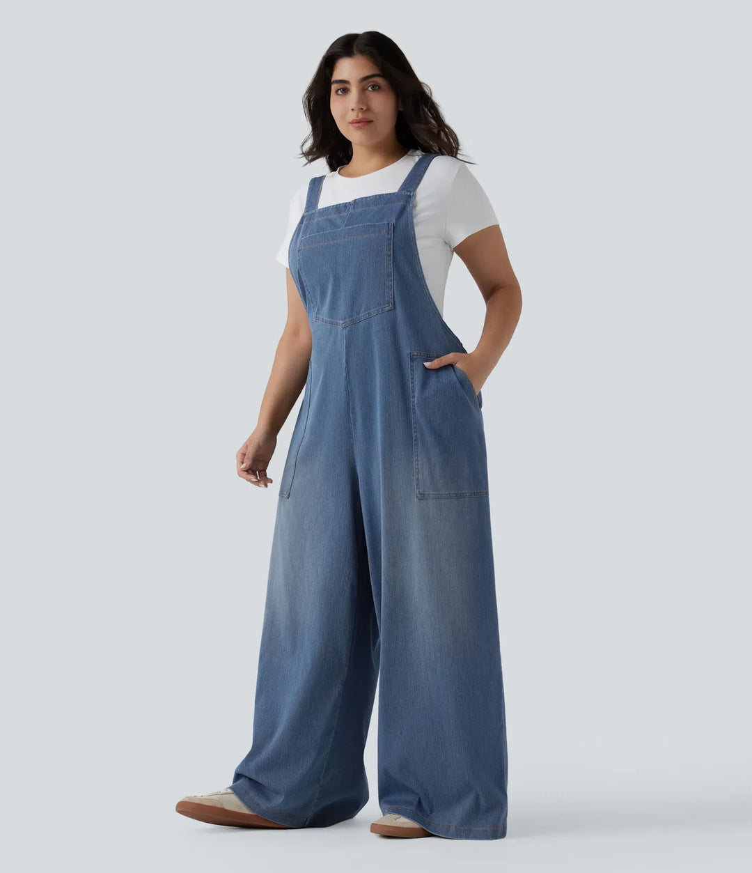 Plus Size Halara Flex Square Neck Washed Denim Casual Dungarees with Pockets