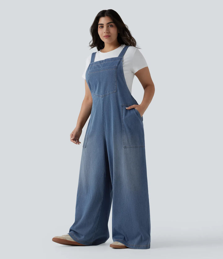 Plus Size Halara Flex Square Neck Washed Denim Casual Dungarees with Pockets