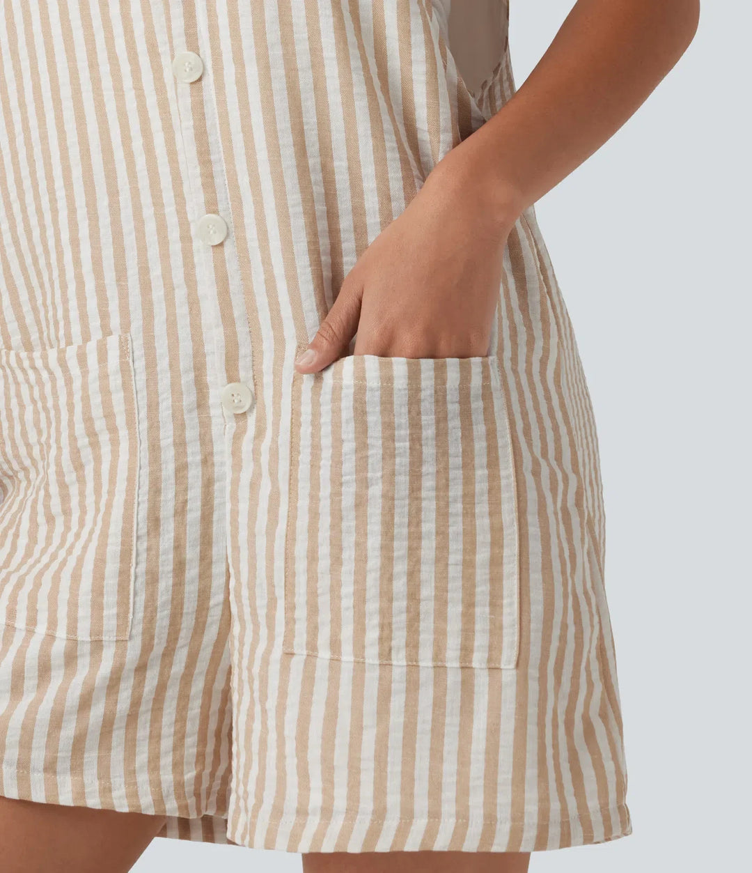 Knot Strap Stripe Casual Linen-Feel Short Overalls with Pockets