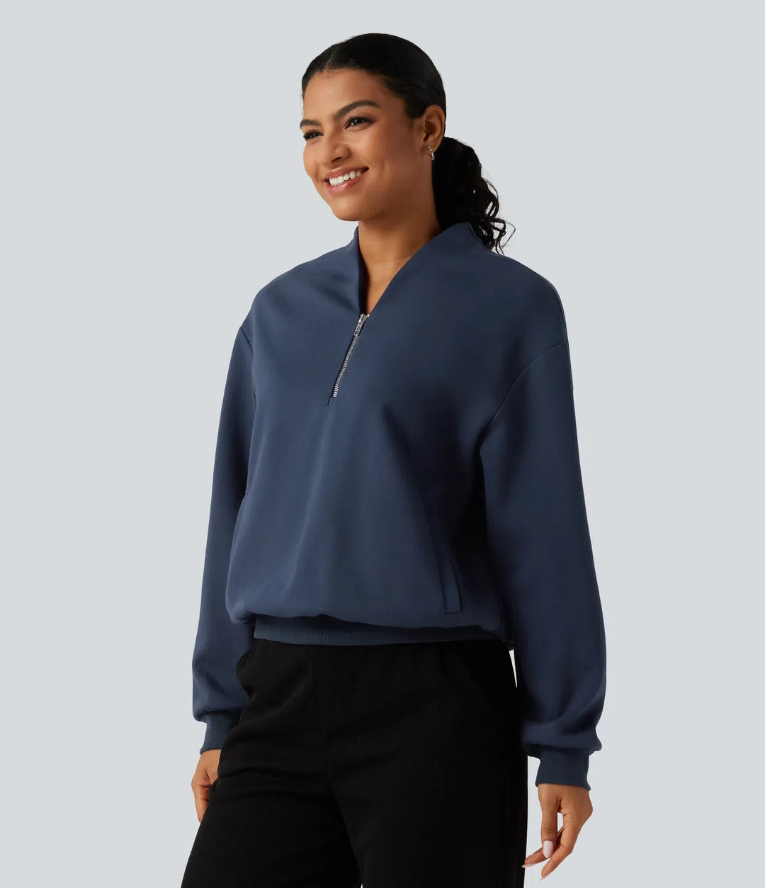 Stand Collar Long Sleeve Casual Cotton Sweatshirt with Pockets