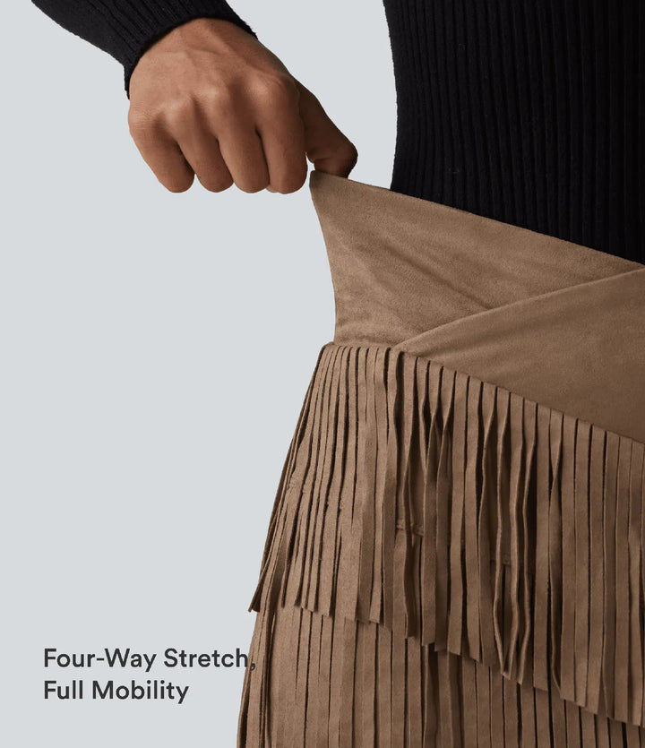 Crossover High Waisted 2-in-1 Fringe Hem Bodycon Mini Suede Party Skirt