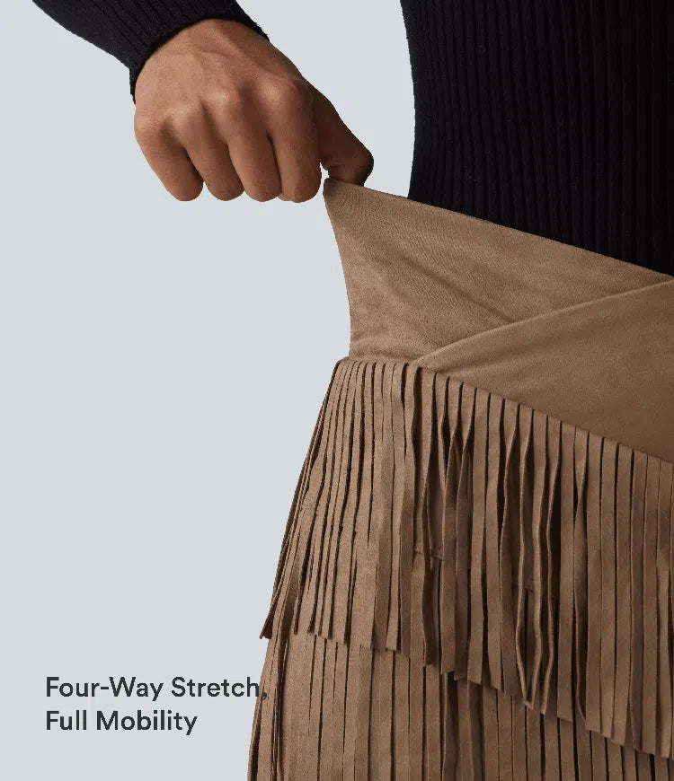 Crossover High Waisted 2-in-1 Fringe Hem Bodycon Mini Suede Party Skirt
