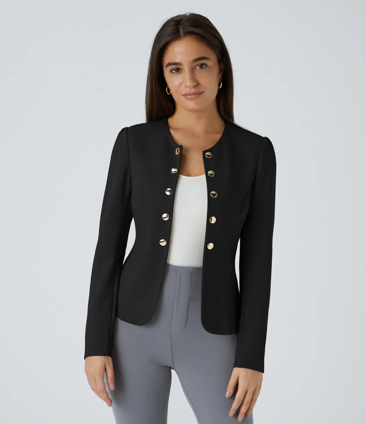 Round Neck Long Sleeve Decorative Button Slim Work Blazer