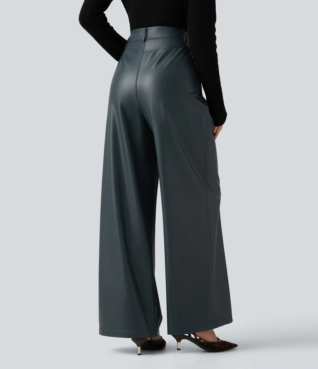 High Waisted Wide Leg Stretchy PU Fleece Casual Trousers with Pockets