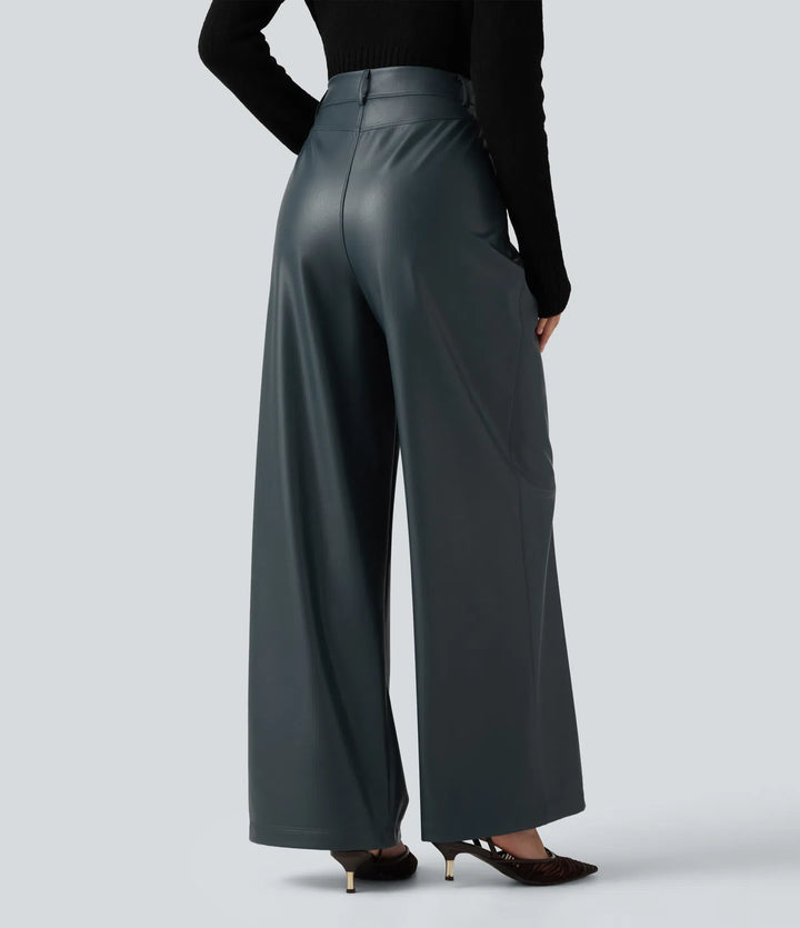 High Waisted Wide Leg Stretchy PU Fleece Casual Trousers with Pockets