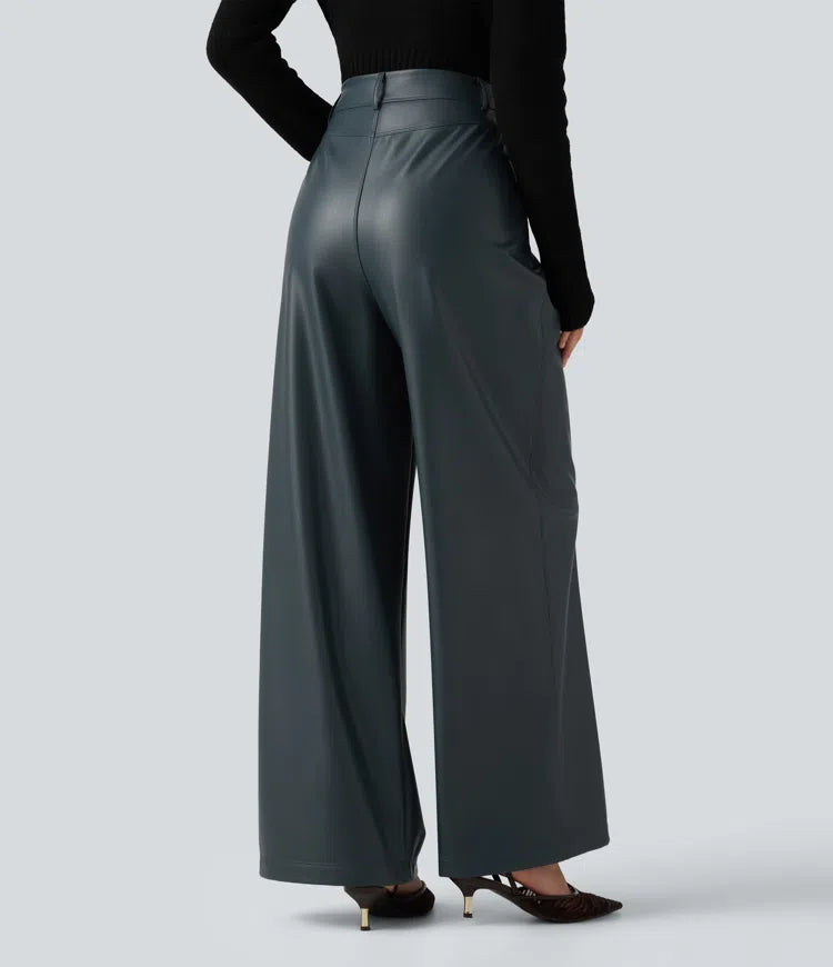 High Waisted Wide Leg Stretchy PU Fleece Casual Trousers with Pockets