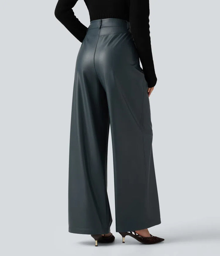 High Waisted Wide Leg Stretchy PU Fleece Casual Trousers with Pockets