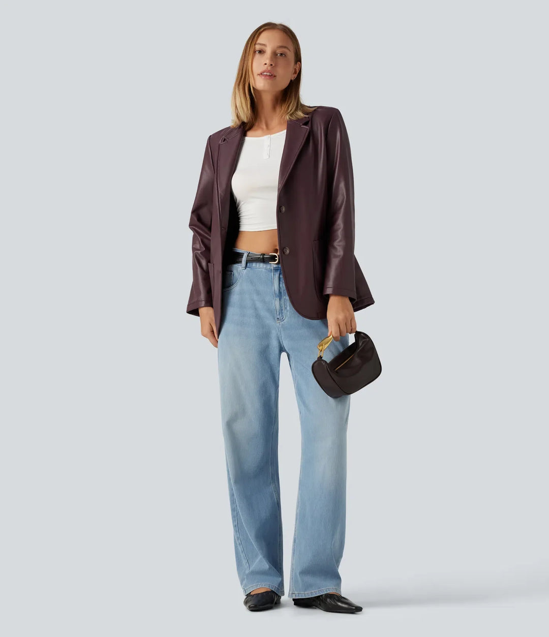 Notched Collar Long Sleeve PU Casual Blazer with Pockets