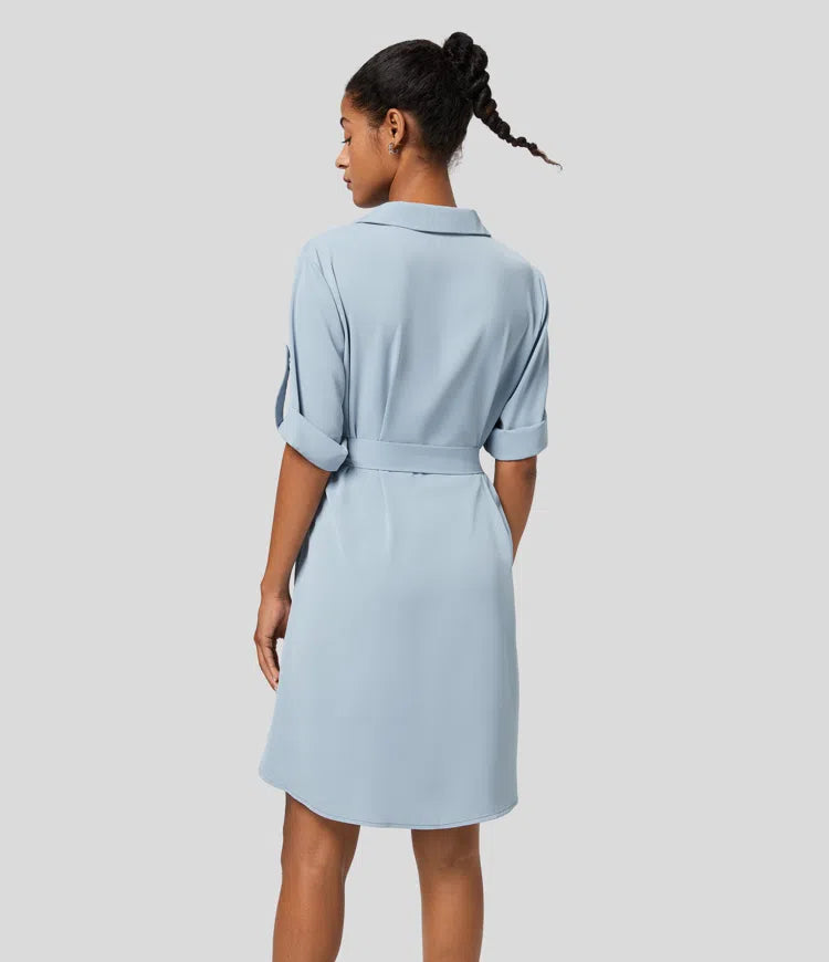 Collared Roll Up Sleeve Belted Relaxed Work Shirt Dress