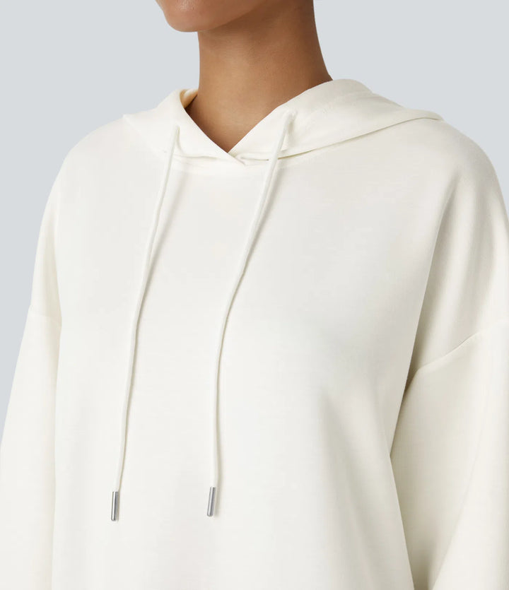 Hooded Drawstring Long Sleeve Kangaroo Pocket Crossover Split Casual Sweatshirt
