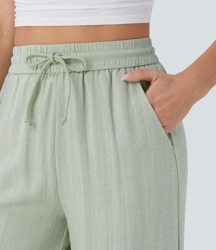 High Waisted Drawstring Pocket Wide Leg Baggy Casual Linen-Feel Trousers