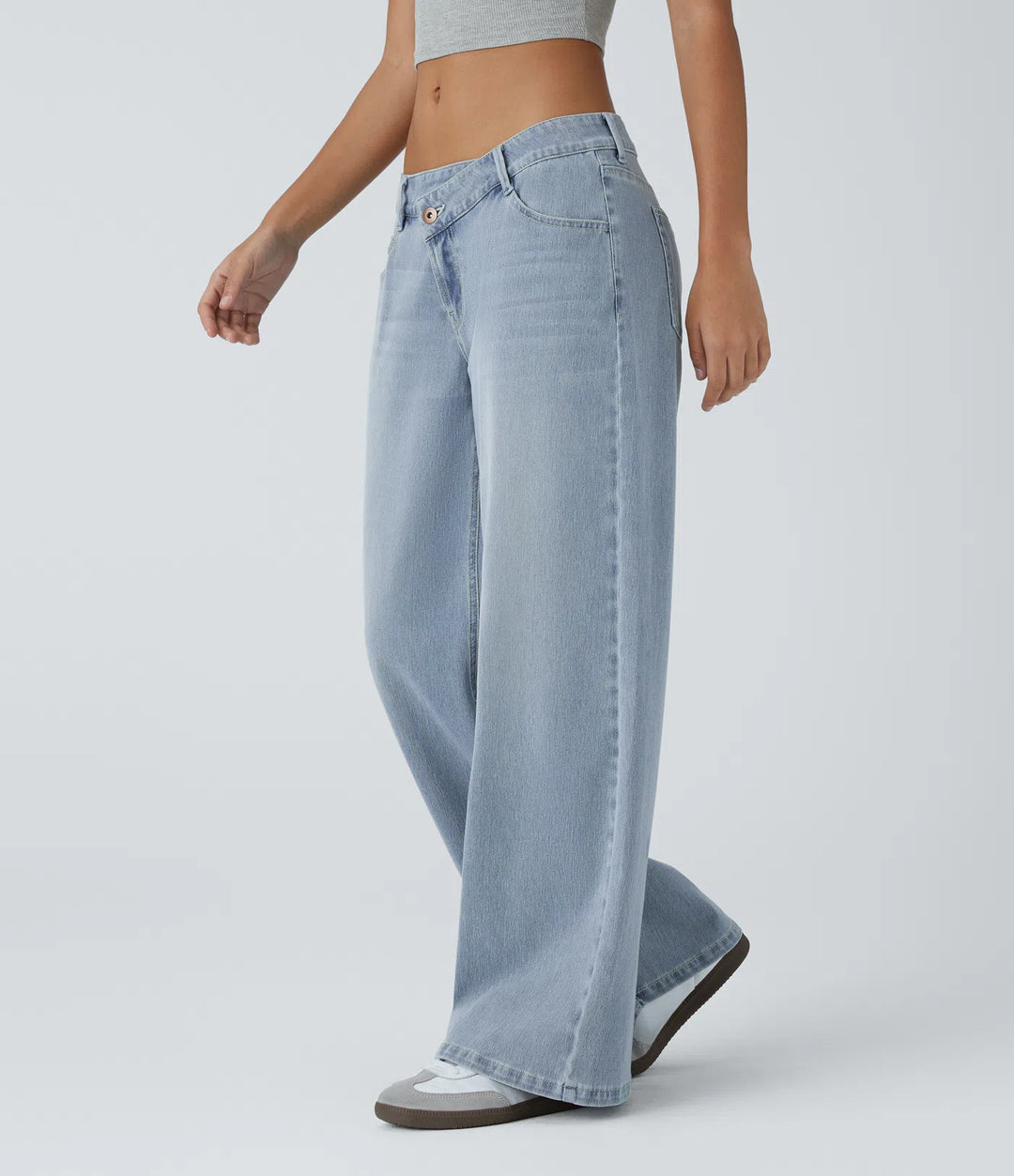 Halara Flex Asymmetric Low Rise Zipper Pockets Baggy Wide Leg Washed Casual Jeans