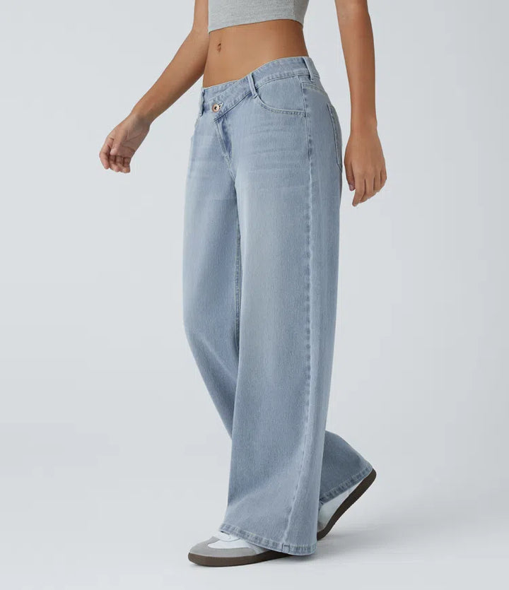 Halara Flex Asymmetric Low Rise Zipper Pockets Baggy Wide Leg Washed Casual Jeans