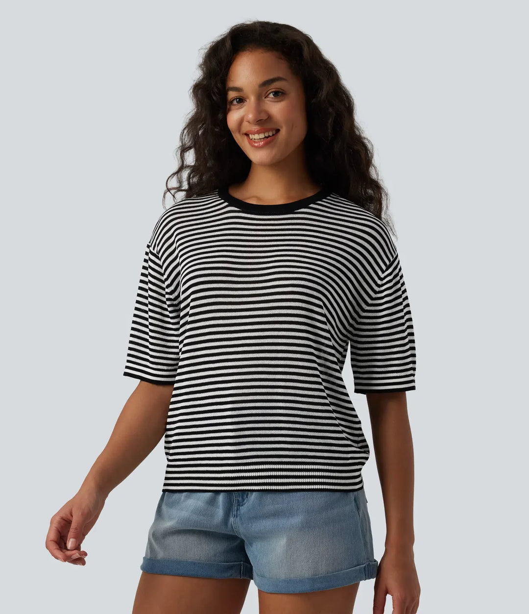 Round Neck Short Sleeve Stripe Casual Linen-Feel Jumper