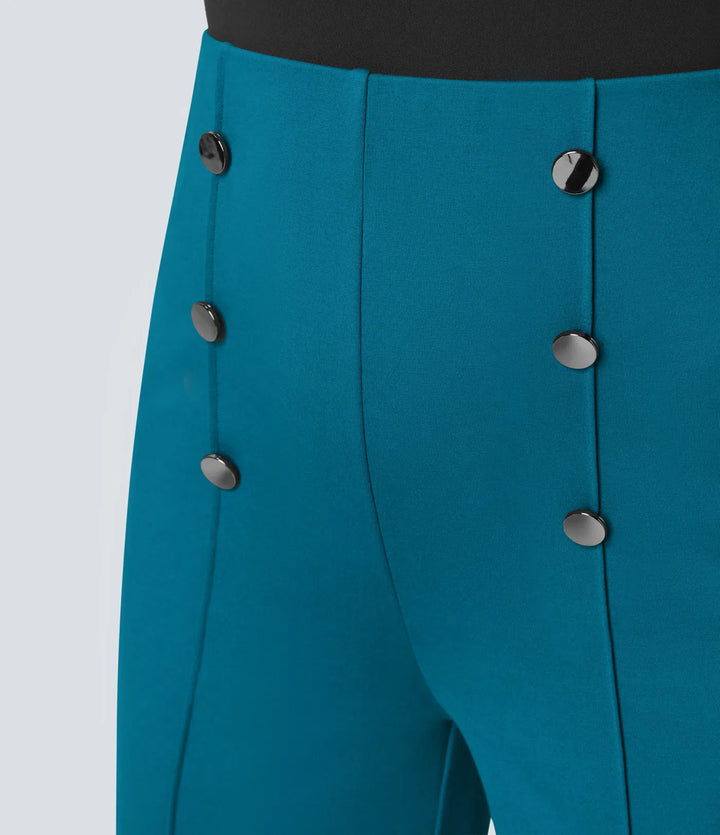 High Waisted Button Pocket Wide Leg Work Trousers