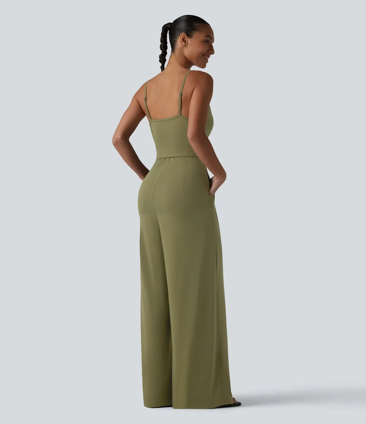 V Neck Built-in Bra Casual Slip Jumpsuit with Pockets-Easy Peezy Edition
