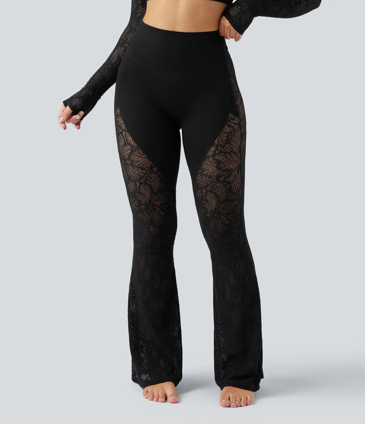 Halara UltraSculpt High Waisted Tummy Control Contrast Lace Yoga Flare Trousers with Pocket