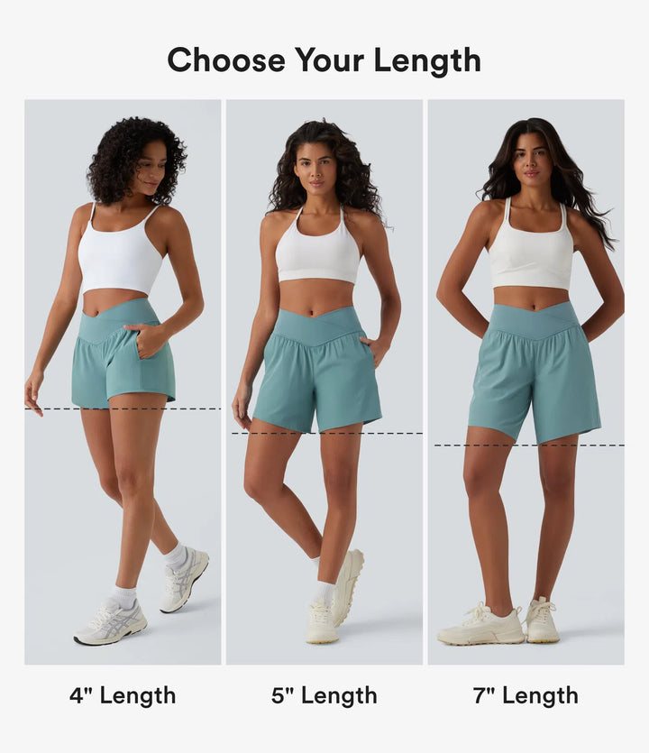 Breezeful High Waisted Crossover Side Pocket 2-in-1 Quick Dry Yoga Shorts 4"