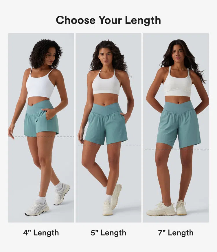 Breezeful High Waisted Crossover Side Pocket 2-in-1 Quick Dry Yoga Shorts 4"