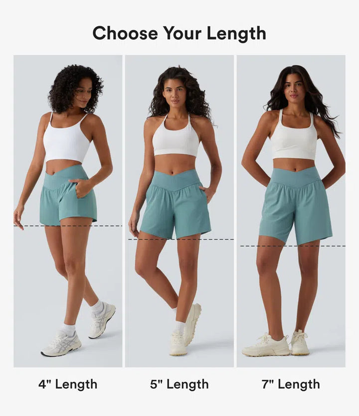 Breezeful High Waisted Crossover Side Pocket 2-in-1 Quick Dry Yoga Shorts 4"