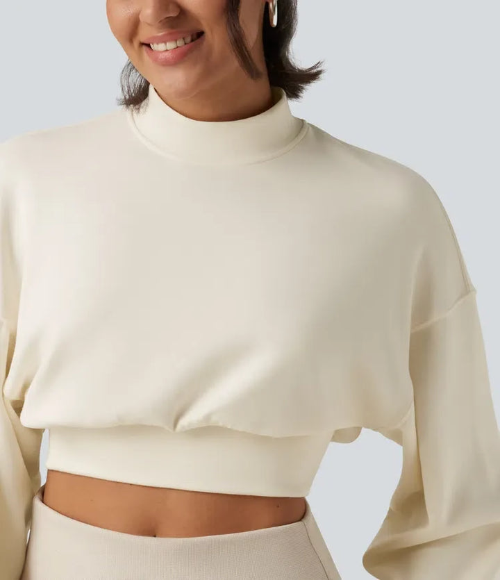 Mock Neck Dropped Long Sleeve Casual Cropped Sweatshirt