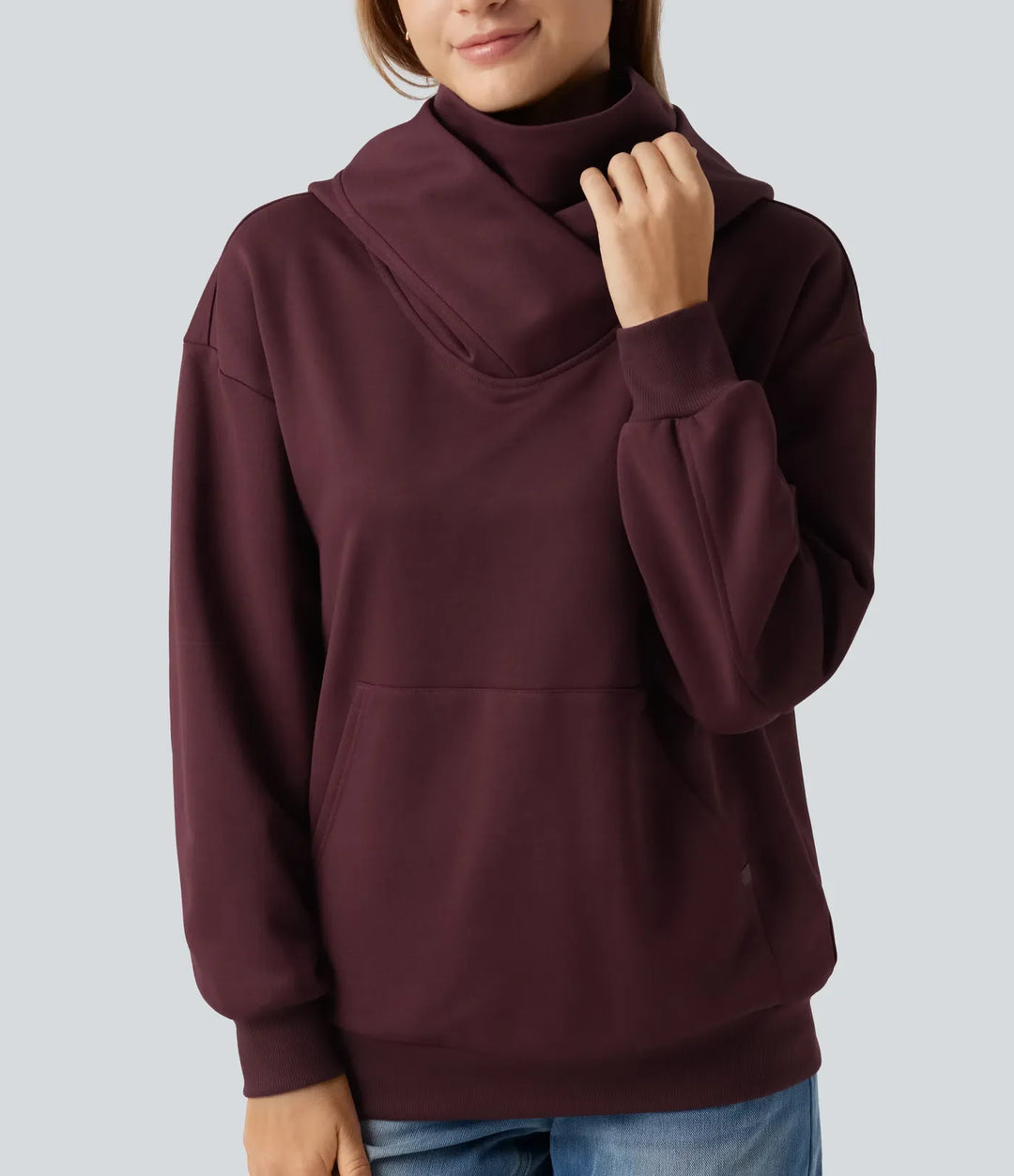 Hooded Crossover Dropped Long Sleeve Fleece Casual Sweatshirt with Pocket