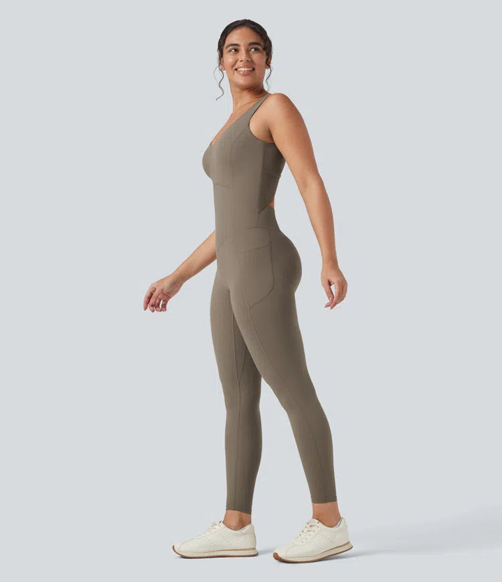 Halara UltraSculpt V Neck Tummy Control Butt Lifting Workout Jumpsuit with Pockets