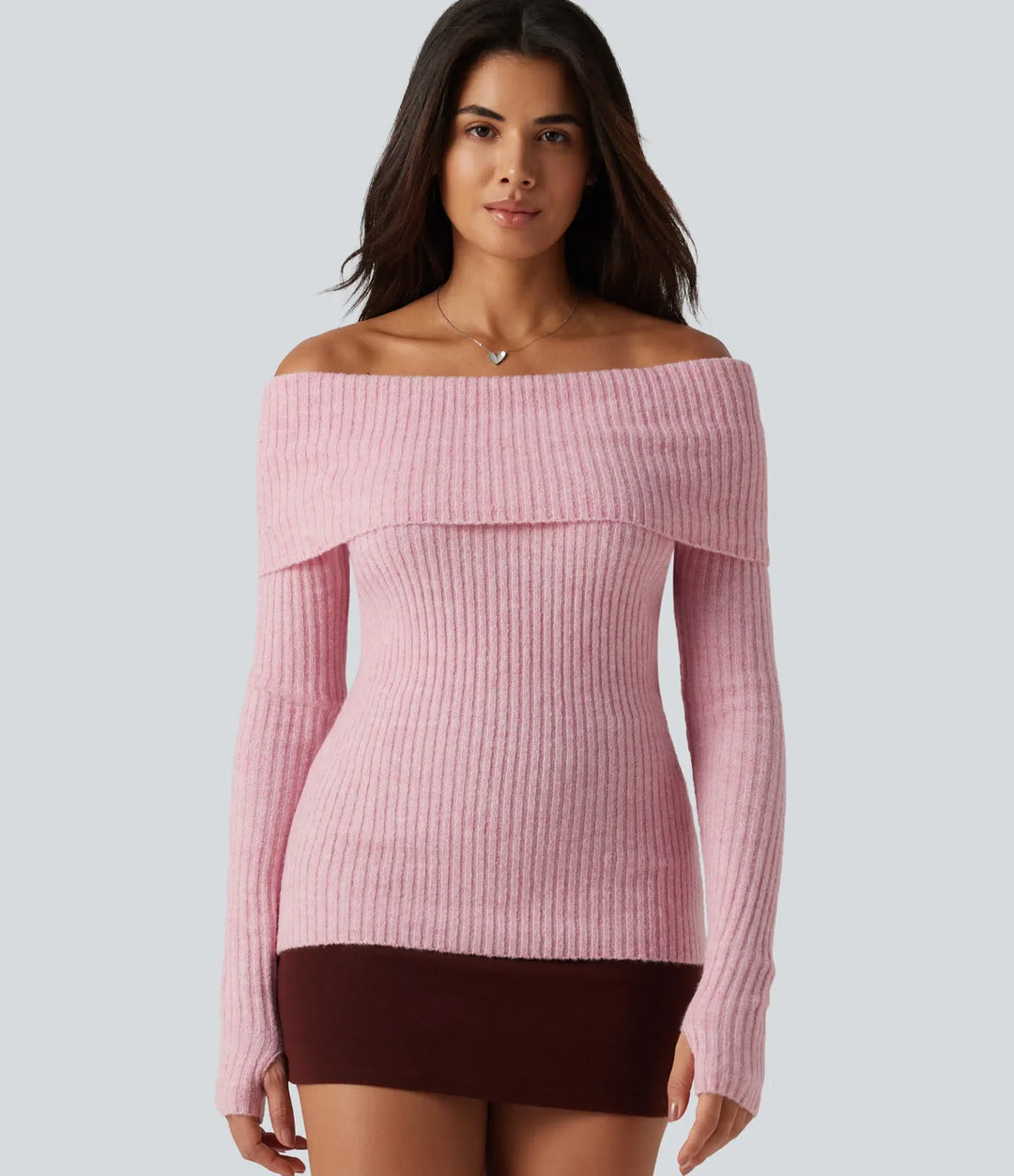 Off Shoulder Long Sleeve Thumb Hole Work Jumper