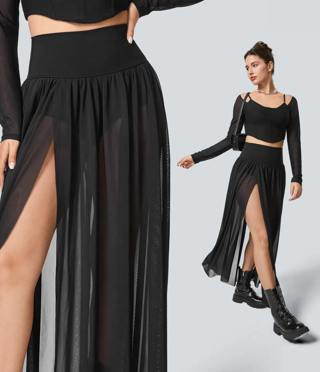 High Waisted 2-in-1 Mesh Flowy Maxi Casual Skirt