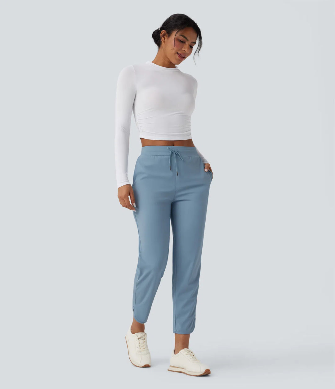 Mid Rise Drawstring Curved Hem Quick Dry Golf Tapered Trousers with Pockets-UPF40+